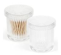 Bryzal 2 Pcs Glass Cotton Ball and Swab Holder Organizer, Bathroom Glass Storage Jars with Lid, Q-tips Floss Dispenser, Vanity Makeup Accessories Storage Jar, Apothecary Storage Canister