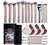 BS-MALL 21 Pcs Professional makeup brush set with foundation brush for liquid Makeup, eyeshadow Brush, concealer brush - Includes 6 Triangle Puffs & case for Even, Multi-purpose application (Golden)