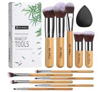 BS Mall bamboo Silver Premium Synthetic Kabuki Makeup Brush Set Cosmetics Foundation Blending Blush Face Powder Brush Makeup Brush Kit with Black Tear Drop Makeup Blender Sponges (11PCSBAMBOO)