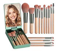 BS-MALL Makeup Brushes with Case Foundation Powder Concealers Eye Shadows Makeup Set with LED light Mirror 14 Pcs Mini Makeup Brushes (Green）