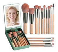 BS-MALL Travel Makeup Brush Set - 14 Pcs Foundation Powder Concealers Eye Shadows with LED Light Mirror, Green