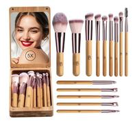 BS-MALL Travel Makeup Brush Set Bamboo Brushes Foundation Powder Concealers Eye Shadows Makeup Set with Mirror Case 14 Pcs