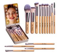 BS-MALL Travel Makeup Brush Set Foundation Powder Concealers Eye Shadows Makeup Set with LED light Mirror 14 Pcs (Bamboo)
