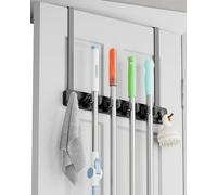 BS-VOG Over the Door Broom Holder, 4 Racks & 2 Hooks, Wood Mop & Broom Organizer, Hanging Door Mount for Closet Garage, Laundry Tool Storage, Black