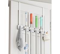 BS-VOG Over the Door Broom Holder, 4 Racks & 2 Hooks, Wood Mop & Broom Organizer, Hanging Door Mount for Closet Garage, Laundry Tool Storage, White