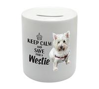 BS016 KEEP CALM AND SAVE FOR A WESTIE Novelty Gift Printed Ceramic Piggy Bank Money Saving Box