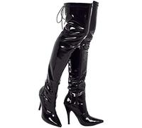 (BS12748) - New Womens Ladies Sexy Thigh HIGH Kinky Fetish Over The Knee Stiletto Heel Full Hook LACE UP and Side Zip Boots Size UK 4,5,6,7,8 (12 UK/EU 46, Black Patent)