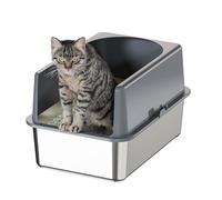 Bsadne High-Sided Stainless Steel Cat Litter Box with Lid, Medium, Easy-to-Clean Metal Litter Pan for Cats (20" L x 14" W x 12" H with Enclosure)