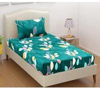 BSB HOME Premium Glace Cotton 180 TC Flat Single Bedsheets Breathable | Wrinklefree (Size-60 X 90 Inch) with 1 King Size Pillow Covers (Size-17 X 27 Inches, Floral, Dark Green)