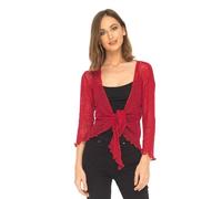 BSBAAA FASHIONS® Women's Fish Net Bolero Front Tie Shrug Top - Ladies 3/4 Sleeve Cropped Stretch Cardigan (Cherry Red)
