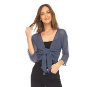 BSBAAA FASHIONS® Women's Fish Net Bolero Front Tie Shrug Top - Ladies 3/4 Sleeve Cropped Stretch Cardigan (Dark Denim)