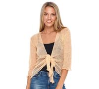 BSBAAA FASHIONS® Women's Fish Net Bolero Front Tie Shrug Top - Ladies 3/4 Sleeve Cropped Stretch Cardigan (Peach)