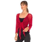 BSBAAA FASHIONS® Women's Fish Net Bolero Front Tie Shrug Top - Ladies 3/4 Sleeve Cropped Stretch Cardigan (Red)