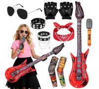 BSBUY 8 Pcs Punk Gothic Rocker Costume Set Punk Rockstar Fancy Dress Accessories Rock Heavy Metal Set with Bandana Sunglasses Bracelet Arm Sleeves Inflatable Guitar Inflatable Microphone Gloves