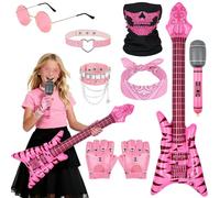 BSBUY 8 Pcs Punk Gothic Rocker Costume Set Punk Rockstar Fancy Dress Accessories Rock Heavy Metal Set with Bandana Sunglasses Bracelet Collar Inflatable Guitar Inflatable Microphone Gloves Mask