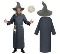 BSBUY Adult Wizard Costume 3Pcs Gray Wizard Robe Outfit Medieval Sorcerer Cape Renaissance Wizard Fancy Dress Costume with Wizard Hat Witch Wizard Belt for Halloween Christmas World Book Day(XL)