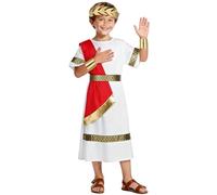 BSBUY Ancient Roman Greek Costume Boys Kids White Red Greek Long Robe Roman Toga Fancy Dress Costume Roman Emperor Dress Up Outfit with Belt Headband Wristband for Halloween World Book Day(140)