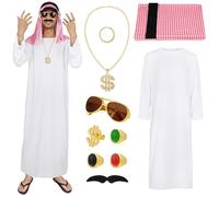 BSBUY Arab Sheik Costume 10PCS Arabian Costume Men White Sheik Robe Arabischen Gebetskleidung Middle Eastern Clothes Outfit Include Accessory Halloween Christmas Party Birthday Cosplay Fancy Dress Up