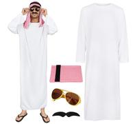 BSBUY Arab Sheik Costume Men White Sheik Robe Arabischen Gebetskleidung Middle Eastern Clothes Outfit Include Robe Hijab Eyeglasses Beard Halloween Christmas Party Birthday Cosplay Fancy Dress Up