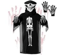 BSBUY Grim Reaper Costume Kid 3 PCS Skeleton Robe Scream Costume Death Reaper Cape Costume Skeleton Hooded Cloak Scary Scream Death Halloween Costume Grim Reaper Outfit Fancy Dress for Boy Girl(120cm)