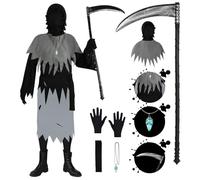 BSBUY Grim Reaper Costume Kids 6 PCS Scythe Grim Reaper Robe Scream Scary Grim Reaper Cape Costume Ghost Death Reaper Costume Halloween Costume Creepy Phantom Outfit Fancy Dress for Boys Girls(160)