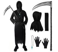 BSBUY Grim Reaper Costume Kids 6 PCS Scythe Grim Reaper Robe Scream Scary Scythe Grim Reaper Cape Costume Death Reaper Costume Halloween Costume Grim Reaper Outfit Fancy Dress for Boys Girls(130)