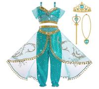 BSBUY Jasmine Princess Costume for Girls Aladdin Princess Costume, Aladdin Dress Up Fancy Dress Jasmine Costume Kids, Two Pieces Sequined Outfit for Cosplay Birthday Halloween Party Carnival(120)