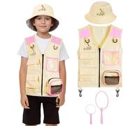 BSBUY Kid Explorer Kit Outdoor Adventure Set, 4PCS Kid Explorer Costume Kit Bug Hunting Costume Hat Vest, Outdoor Educational Kit Camping Adventure Dress Outfits for Dress up and Role Play(Pink)