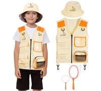BSBUY Kid Explorer Kit Outdoor Adventure Set, 4PCS Kid Explorer Costume Kit Bug Hunting Costume Hat Vest, Outdoor Educational Kit Camping Adventure Dress Outfits for Dress up and Role Play(Orange Red)