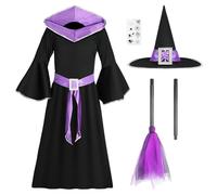 BSBUY Kid Witch Costume Halloween Witch Dress Up Witch Fancy Dress Girl Witch Princess Dress Witch Outfit Costume with Hat Broom Tattoo Sticker Adjustable Belt for Wizards World Book Day Carnival(L)
