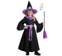 BSBUY Kid Witch Costume Halloween Witch Dress Up Witch Fancy Dress Girl Witch Princess Dress Witch Outfit Costume with Hat Broom Tattoo Sticker Adjustable Belt for Wizards World Book Day Carnival(XL)