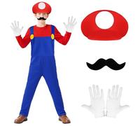 BSBUY Kids Mario Costume Super Workman Fancy Dress Costume Luigi Outfit Costume Super Bro Plumber Jumpsuit Bodysuit with Cap Beard and Gloves for Boy Girl Halloween Birthday Christmas Cosplay(Red-S)