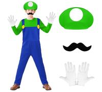 BSBUY Kids Mario Costume Super Workman Fancy Dress Costume Luigi Outfit Costume Super Bro Plumber Jumpsuit Bodysuit with Cap Beard and Gloves for Boy Girl Halloween Birthday Christmas Cosplay(Green-S)