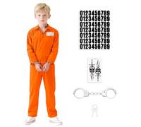 BSBUY Kids Prisoner Costume Orange Convict Inmate Prison Uniform Prison Jumpsuit Jail Costumes with Handcuffs Sticker Convict Robber Fancy Dress Outfit for Halloween Party World Book Day Cosplay(150)