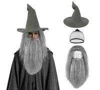 BSBUY Long Gray Wig and Beard & Wizard Hat Costume Accessory Halloween Costume Accessories Grey Magician Witcher Wig Fancy Dress Costume Layered Curly Fake Wizard Wig Pointed Wizard Hats Set