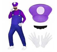 BSBUY Mario Costumes, 4 Pack Mario Cosplay Costume Accessories Kits with Bodysuit, Luigi Hats Cap, Mustaches, White Gloves, Mario Luigi Bros Fancy Dress Outfit Costume for Women Men(Purple)