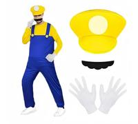 BSBUY Mario Costumes, 4 Pack Mario Cosplay Costume Accessories Kits with Bodysuit, Luigi Hats Cap, Mustaches, White Gloves, Mario Luigi Bros Fancy Dress Outfit Costume for Women Men(Yellow)