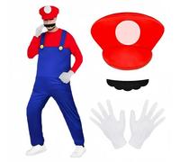BSBUY Mario Costumes, 4 Pack Mario Cosplay Costume Accessories Kits with Bodysuit, Luigi Hats Cap, Mustaches, White Gloves, Mario Luigi Bros Fancy Dress Outfit Costume for Women Men(Red)