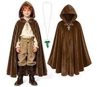 BSBUY Medieval Costume Cloak with Hood Kid Renaissance Hooded Coat Vintage Gothic Witch Wizard Robe Hooded Cape with Green Leaf Brooch Necklace for Halloween World Book Day Fancy Dress Costume(Brown)