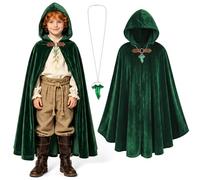 BSBUY Medieval Costume Cloak with Hood Kids Renaissance Hooded Coat Vintage Gothic Witch Wizard Robe Hooded Cape with Green Leaf Brooch Necklace for Halloween World Book Day Costume(Pine Green)