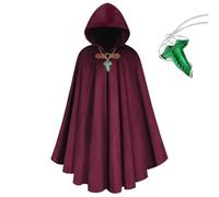 BSBUY Medieval Costume Cloak with Hood Men Renaissance Hooded Coat Vintage Gothic Witch Wizard Robe Hooded Cape with Green Leaf Brooch Necklace for Halloween World Book Day Costume(Burgundy)