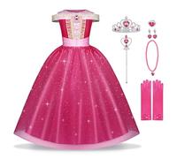BSBUY Princess Costume for Girl, Sleeping Beauty Costume for Girl with Wand Crown Necklace Earrings Gloves, Girl's Aurora Costume Princess Fancy Dress Up for Cosplay Halloween Christmas Party(6-7 Y)