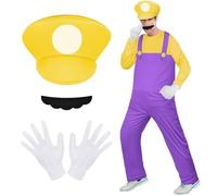 BSBUY Super Plumber Costumes 4 Pack Brothers Workman Cosplay Costume Kits with Bodysuit Hats Cap Mustaches White Gloves 1980s Videogame Bros Fancy Dress Outfit Costume for Women Men(Yellow)