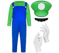 BSBUY Super Plumber Costumes 4 Pack Brothers Workman Cosplay Costume Kits with Bodysuit Hats Cap Mustaches White Gloves 1980s Videogame Bros Fancy Dress Outfit Costume for Women Men(Green)