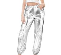 BSBUY Women Metallic Shiny Pants Casual Hot Stamping Trousers Girls Hip Hop Trousers High Waisted Metallic Trousers Jazz Dance Yoga Streetwear Outfit Festival Disco Party Fancy Dress Costume(XL)