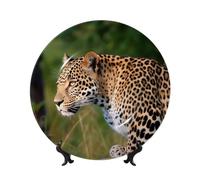 BSCKKDMN Bone China Decorative Plates, African Leopard Ceramic Decorative Plate With Display Stand Dinner Plates Art Crafts 6in Ceramic Ornaments Wall Decor For Home Office Table Decor