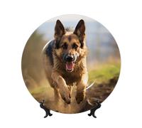 BSCKKDMN Bone China Decorative Plates, Running German Shepherd Dog Ceramic Decorative Plate With Display Stand Dinner Plates Art Crafts 6in Ceramic Ornaments Wall Decor For Home Office Table Decor