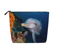 BSCKKDMN Dolphin On Coral Makeup Bag For Women, Waterproof Linen Travel Cosmetic Case Lightweight Zipper Travel Toiletry Bag Organizer Makeup Brushes Storage Bag
