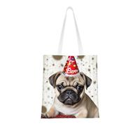 BSCKKDMN Doves Tote Bag For Women,Canvas Shoulder Bags With Pockets Shopping Bag Cute Reusable Grocery Bags, Cute Happy Birthday Pug Puppy, One Size