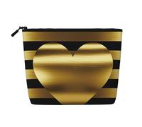 BSCKKDMN Gold Heart Stripe Makeup Bag For Women, Waterproof Linen Travel Cosmetic Case Lightweight Zipper Travel Toiletry Bag Organizer Makeup Brushes Storage Bag